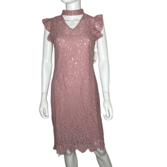 Bar III Women's Powdery Mauve Ruffle Cap Sleeve Lace Choker A-Line Dress sz M - Picture 2 of 5